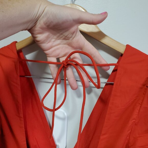 ABERCROMBIE & FITCH NWT Puff Sleeve Slim Poplin Midi Dress V-Neck Red Women's XS - Picture 6 of 16